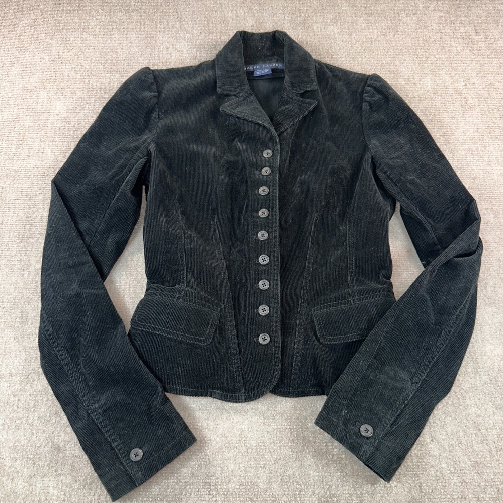 Ralph Lauren Black Corduroy Blazer Jacket Button Front Puff Shoulder Size 2